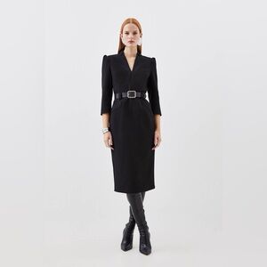KAREN MILLEN COMPACT STRETCH TAILORED FOREVER BELTED MIDI DRESS